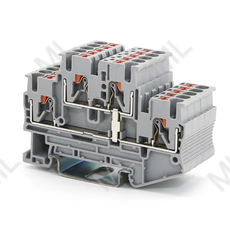 Клемма двухуровневая, зажим push-in, 4 точки подключения, уровни соединены перемычкой, 2.5 кв.мм, серая Арт. VPRTT-2.5-PV-GY - Каталог электротехнического оборудования